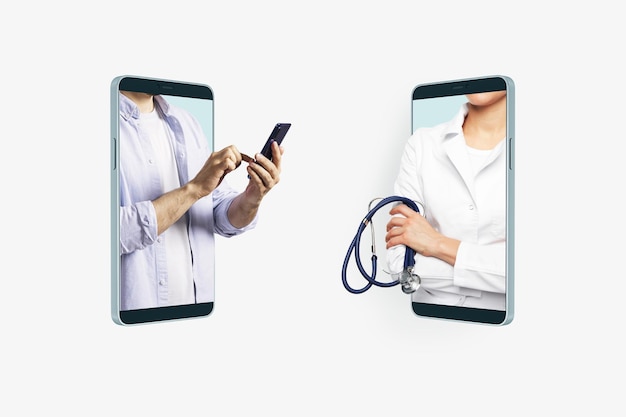 Chequeo médico en línea hospital virtual y concepto de telemedicina con dos teléfonos inteligentes uno frente al otro con el paciente y el médico en bata médica y estetoscopio sobre fondo blanco abstracto