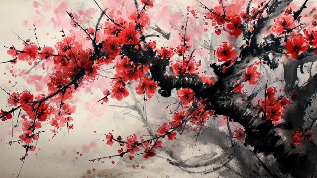 Cherry Blossom Serenity Pintura de paisagem chinesa infundida com a elegância de árvores em flor uma obra de arte de impressão cativante