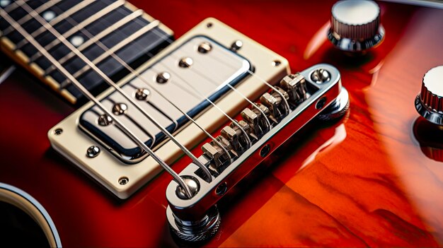 Cherry Electric Guitar CloseUp mit Pickups und Saiten für Blues und Musikerkonzepte