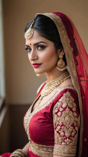 Cherry Red Elegance Retrato encantador de uma noiva indiana em um Lehenga vermelho rico que irradia beleza nupcial atemporal generativa ai