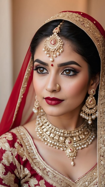 Foto cherry red elegance verführerisches porträt einer indischen braut in einer reichen roten lehenga, die zeitlose braut schönheit erzeugt ai