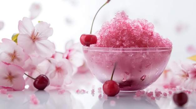 Cherry slush em uma tigela de vidro com cereja e flores ao redor em um fundo claro