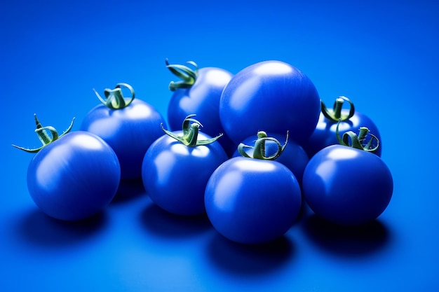 Cherry Tomatoes Ein minimalistisches Kunstkonzept in trendigem klassischem Blau, der Farbe des Jahres 2020