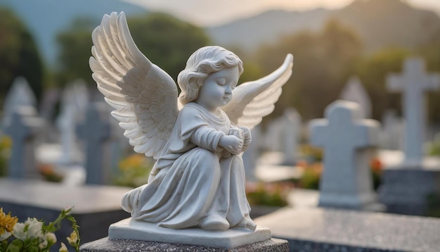 Cherubengel-Statue auf dem Friedhof Gebetender Schutzengel