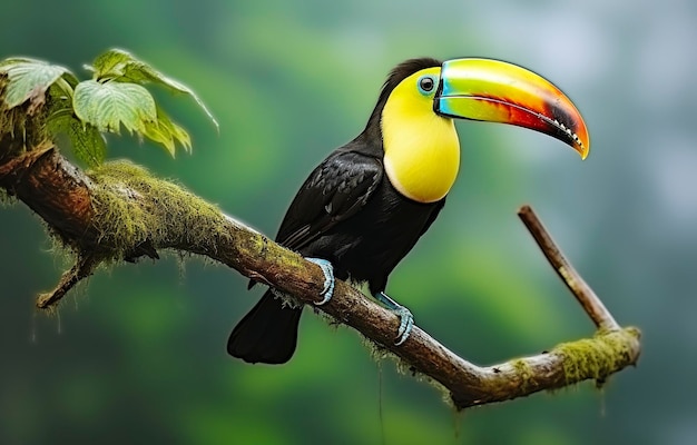 Chesnut-Mandibled-Tucan sitzt auf dem Zweig im tropischen Regen mit einem grünen Dschungel Generative KI