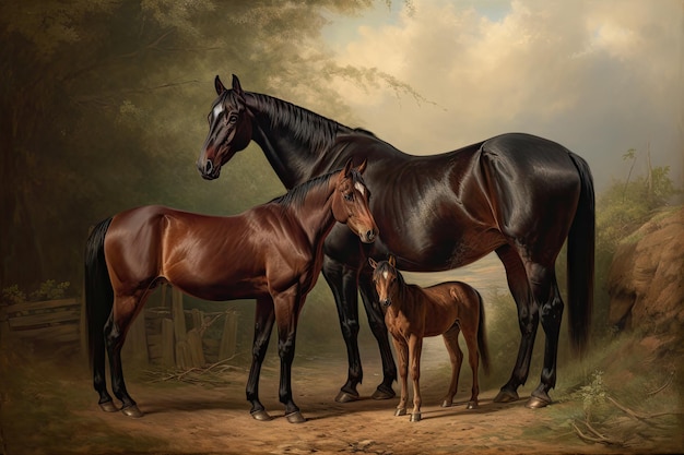 Chestnut Horses Family Painting Schönes braunes Pferd Abstrakte generative AI-Illustration