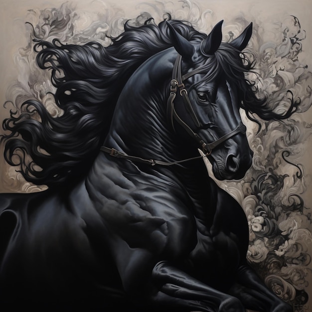 Cheval noir realiste cavalo preto animal clair obscur ilustração imagem arte gerada por IA