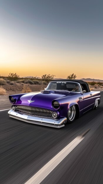 Un Chevrolet Bel Air púrpura de los años 50 conduciendo por una carretera del desierto al atardecer.