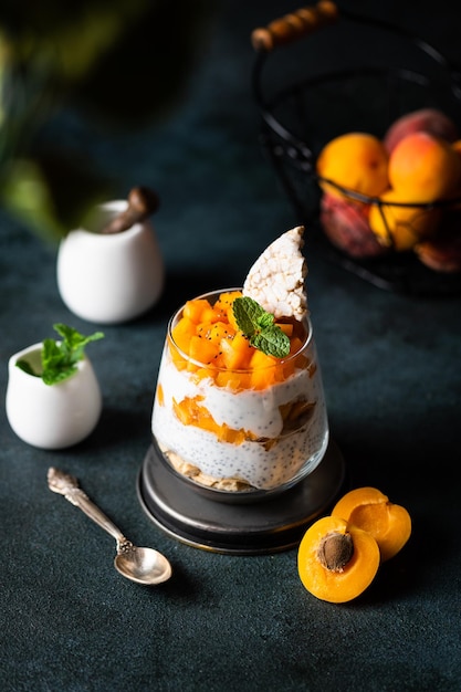 Chia-Pudding mit Aprikose und Mango in Gläsern auf grauem Hintergrund Gesundes Essen Vegetarisches Dessert