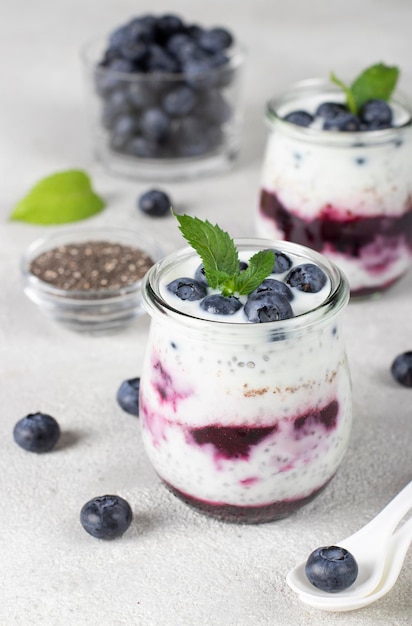 Chia-Pudding mit Blaubeere und Marmelade in zwei Gläsern auf hellgrauem Hintergrund Gesundes veganes Frühstück