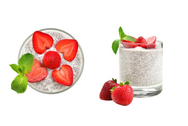 Chia-Pudding mit Erdbeere und Minze auf weißem Hintergrund Platz für Text oder Design