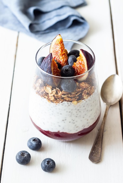 Chia-Pudding mit Feigen Blaubeeren und Müsli Gesunde Ernährung Vegetarisches Essen Frühstück