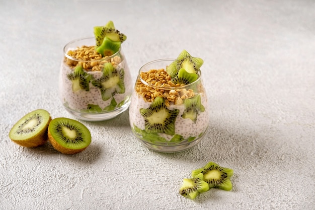 Chia pudding mit kiwi auf grauem hintergrund. gesunde ernährung, superfood. nahaufnahme.