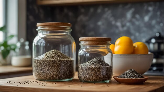 Chia-Samen in einem Glaskrug in der Küche