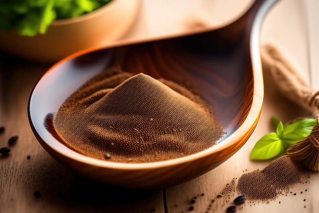 Chia-Samen Superfood in Holzlöffel auf Sackleinen und Holzrücken