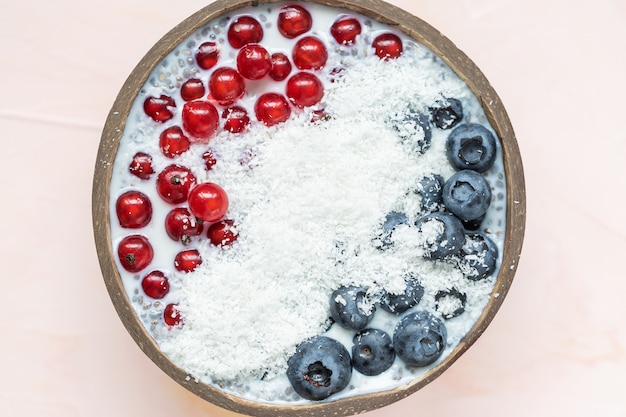 Chia-Samenpudding mit Blaubeeren, roten Johannisbeerbeeren und Kokosnussflocken in einer Schüssel