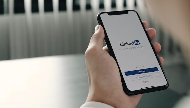 Foto chiang mai thailand 6 de abril de 2021 uma mulher segura um apple iphone x com o aplicativo linkedin na telalinkedin é um aplicativo de compartilhamento de fotos para smartphones