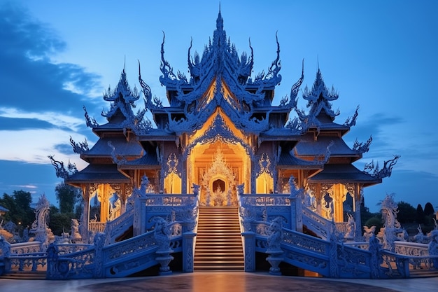 Chiang Rai (Tailândia) 25 de julho de 2020 Beleza do Templo Azul ou Templo de Rong Suea ao anoitecer Província de Chiang Rai