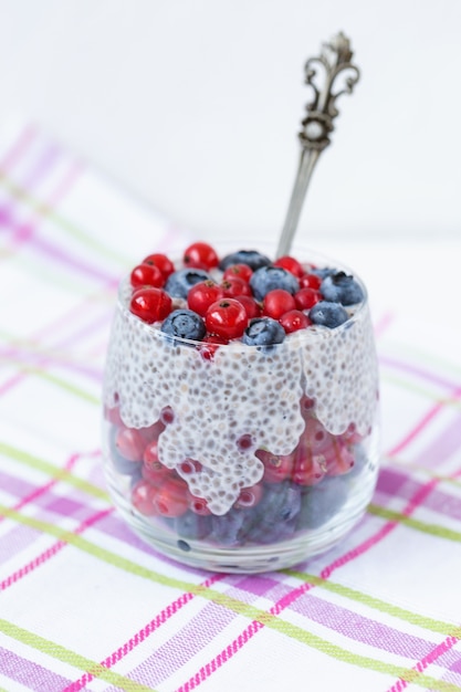 Chiasamenpudding mit frischen Blaubeeren, roten Johannisbeeren in einem Glas mit Löffel. Superfood und veganes Food-Konzept. Speicherplatz kopieren.