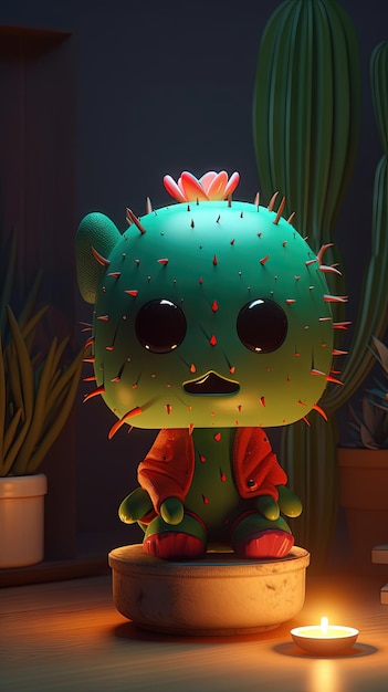 Chibi art 3D luz brillante estilo nft Lindo cactus verde en una maceta con una vela en el cuarto oscuro