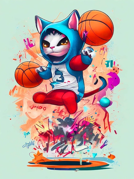 Chibi capuz gato vector tshirt arte pronto para tentar fazer um dunk shot jogando basquete