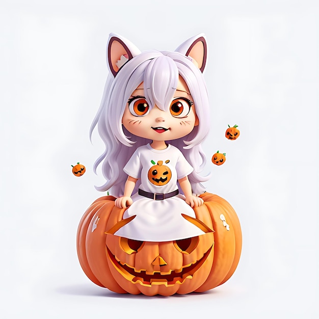 chibi estilo Halloween menina Kawaii com ilustração de abóbora IA generativa