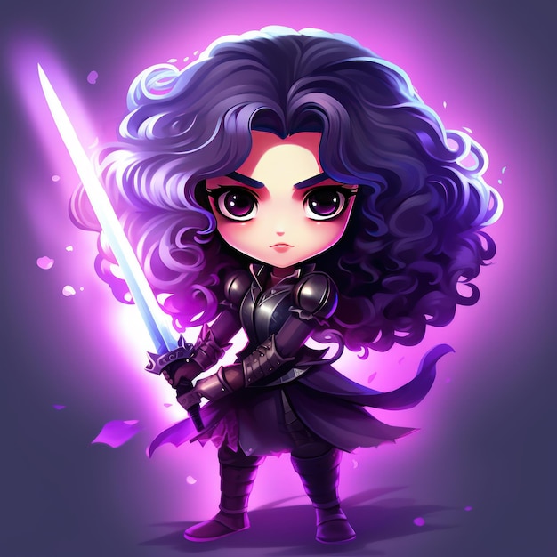 Chibi Kawaii Hero Black Queen con poderes eléctricos mágicos violetas