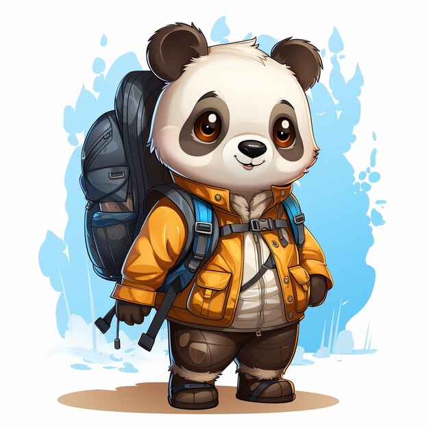 Chibi panda con una mochila al estilo de las caricaturas vectoriales listo para la aventura