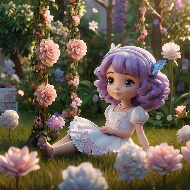 Foto chibi sofias jardín serenidad una vibrante ilustración de anime en 3d de las flores de la inocencia y la mariposa