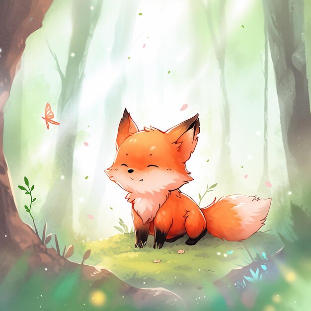 Chibi-Stil Fuchs im hellen Wald Aquarell Hintergrund