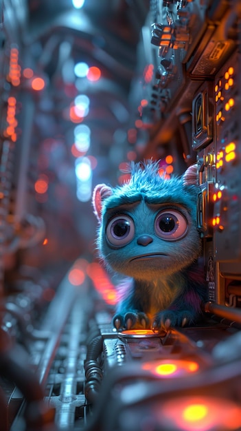 Chibi Sully do Monsters Inc. vendo um dos portais dentro do The Door Warehouse Pixar Disney Dreamworks 4K mUHD HDR detalhe extremo ultra refinado vibrante