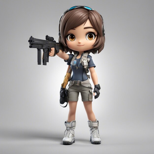 Chibistyle 3D Personaje del juego brasileño Chica con pistola usando una mochila, camisa y pantalones.