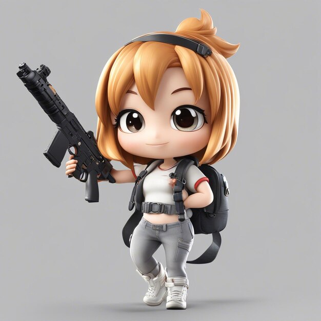 Chibistyle 3D Personaje del juego brasileño Chica con pistola usando una mochila, camisa y pantalones.