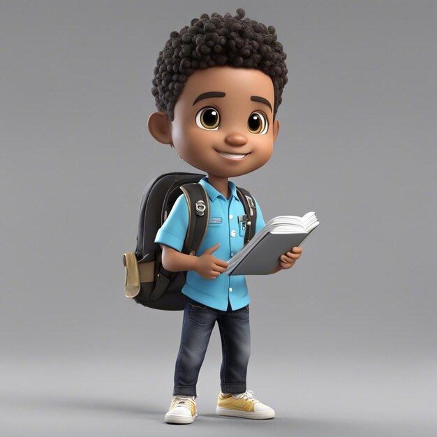 Foto chibistyle 3destudante brasileiro usando uma mochila, camisa e calça, segurando um caderno