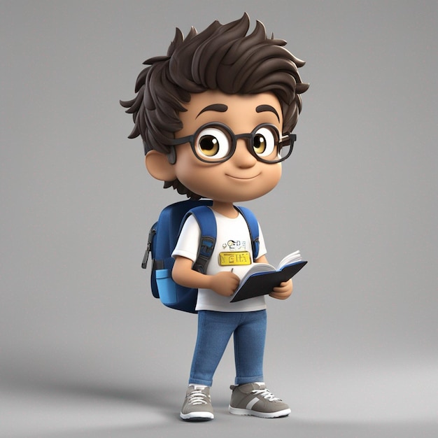 Chibistyle 3DEstudante brasileiro usando uma mochila, camisa e calça, segurando um caderno