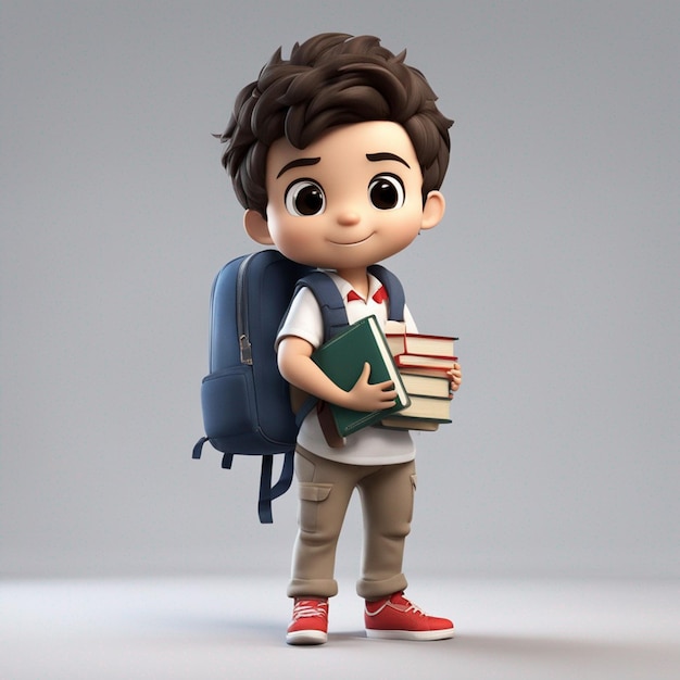 Chibistyle 3DEstudante brasileiro usando uma mochila, camisa e calça, segurando um caderno