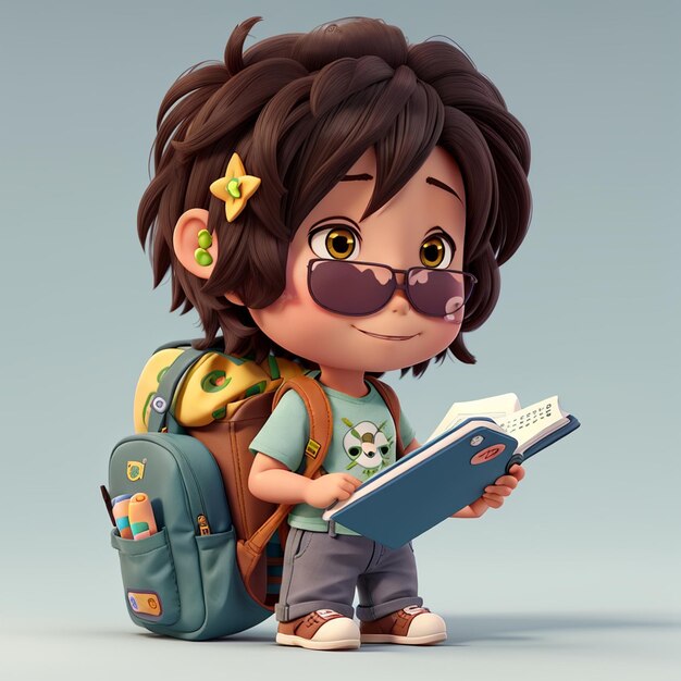 Foto chibistyle 3destudiante brasileño usando mochila, camisa y pantalón sosteniendo un cuaderno