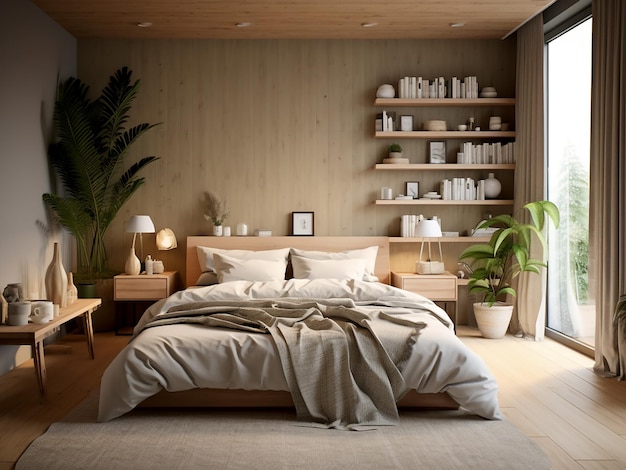 Chic-Holz-Schlafzimmer-Interieur mit rustikalen Akzenten KI-generiert