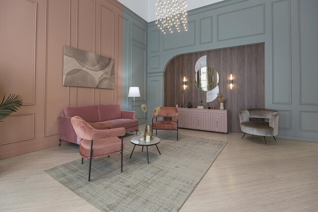 Chic moderno apartamento moderno design de interiores moderno paredes verdes e cor-de-rosa em pó iluminação elegante e enormes janelas panorâmicas