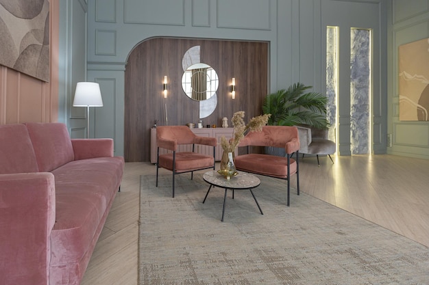 Chic moderno apartamento moderno design de interiores moderno paredes verdes e cor-de-rosa em pó iluminação elegante e enormes janelas panorâmicas