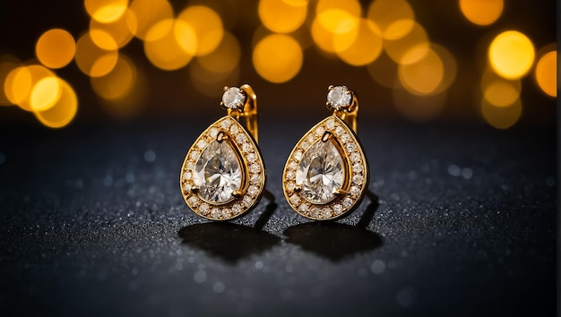 Foto chic pendientes de oro con diamantes contra un fondo oscuro