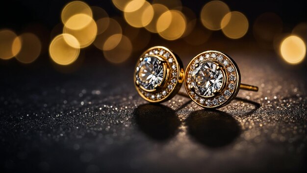 Chic pendientes de oro con diamantes contra un fondo oscuro