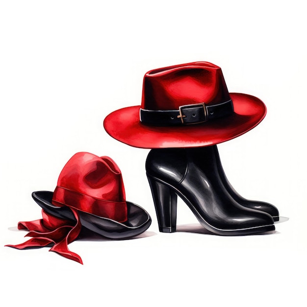 Chic Rockabilly rojo y negro acuarela Clipart de sombrero Fedora y tacones altos