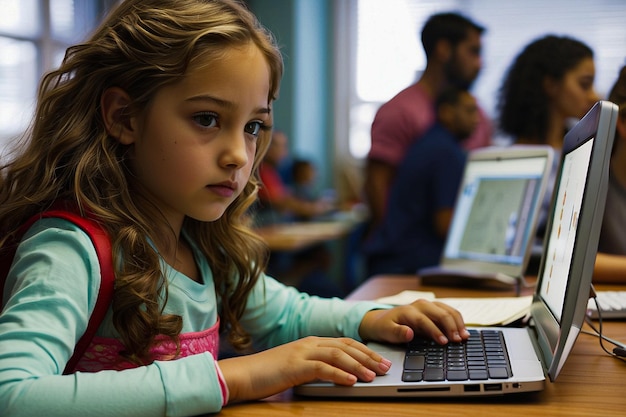 Foto una chica de 67 años usando una computadora en el aula.