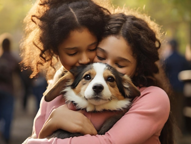 Una chica abrazando a un perro y una chica abrazándola