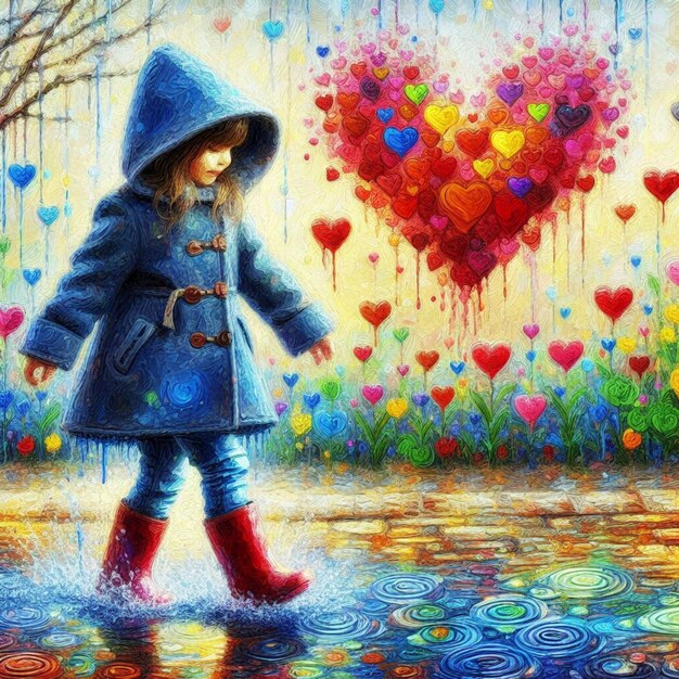 Foto una chica con un abrigo azul está caminando en la lluvia con una pintura en forma de corazón