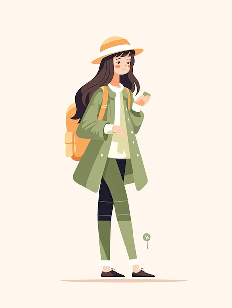 Chica con abrigo verde y sombrero con una taza de café.