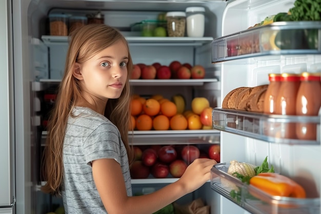 Foto una chica abrió el refrigerador en la cocina