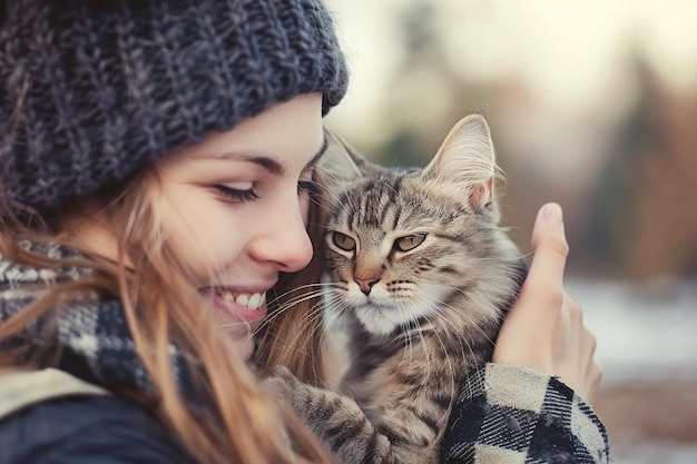 Una chica acaricia a su hermosa gata