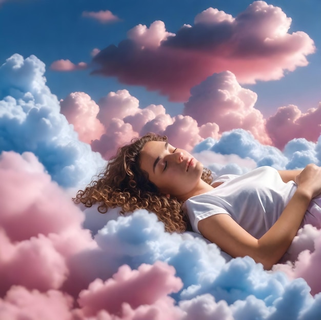 Foto una chica está acostada en las nubes con la cabeza en las nube